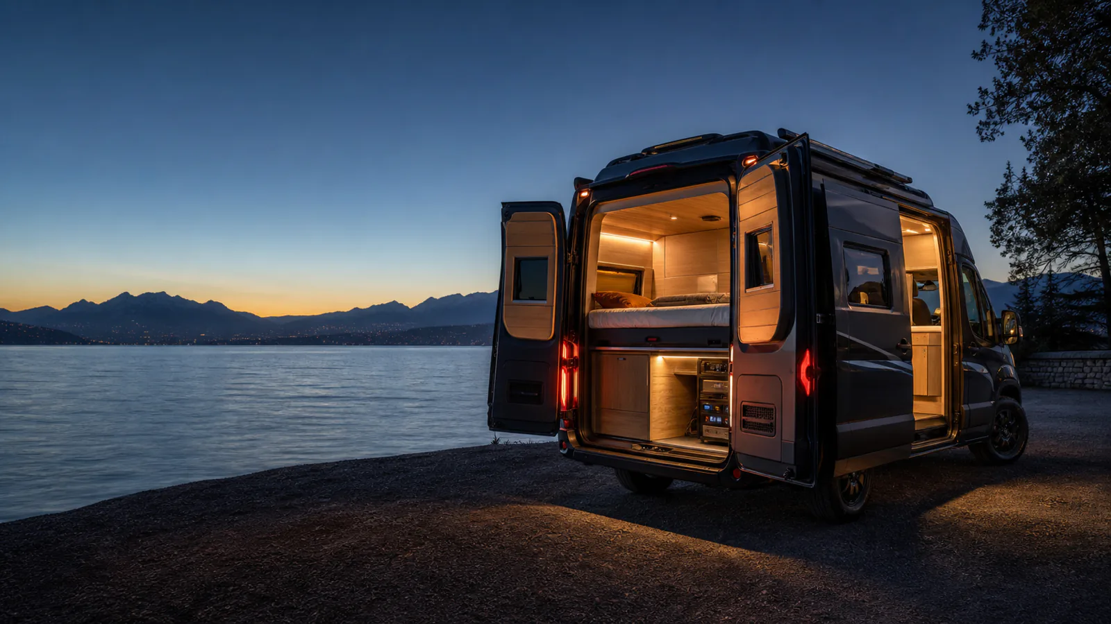 Van aménagé au bord du lac Léman près de Genève